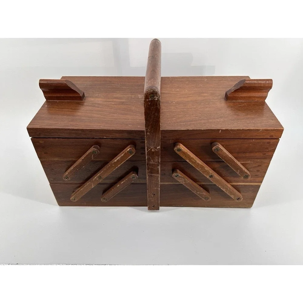 Vintage Mid Century Wooden Accordion Fold Out Sewing Box Cantilever Sewing Box